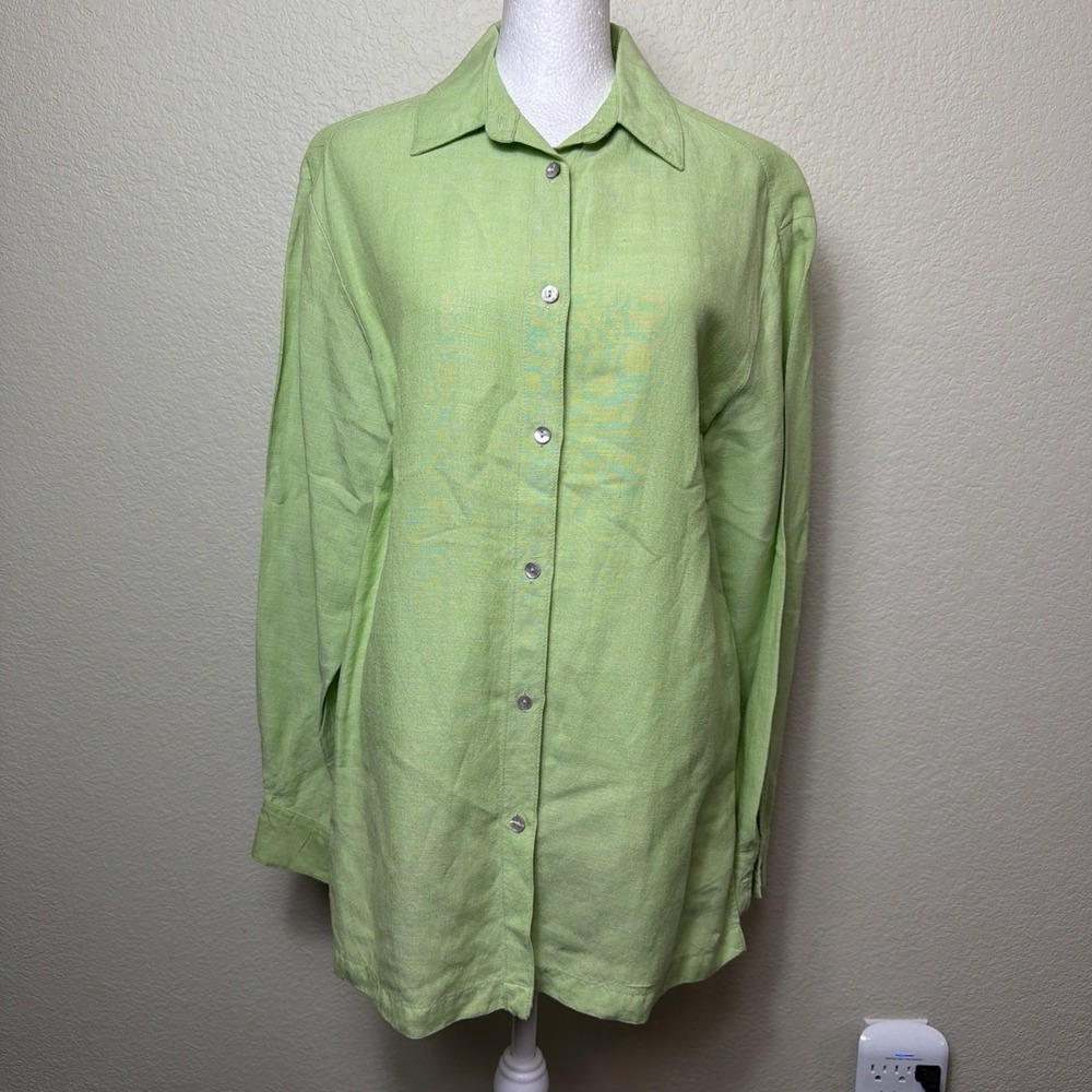 Karen Scott Shirt Women S Lime Green Linen Blend Collared Lightweight Split Hem